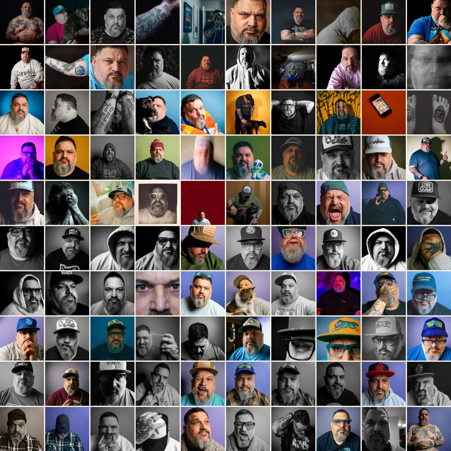 A 10 by 10 grid of 100 small self-portraits, each cropped square, showing a year of daily photographs.