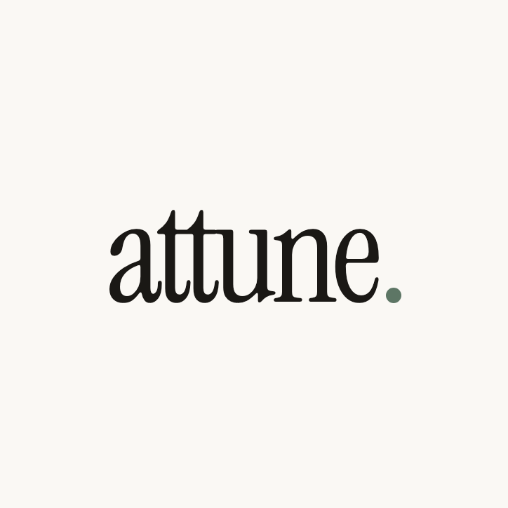 The Attune wordmark — 'attune' set in Instrument Serif on warm paper, with a small sage moss circle at the end.