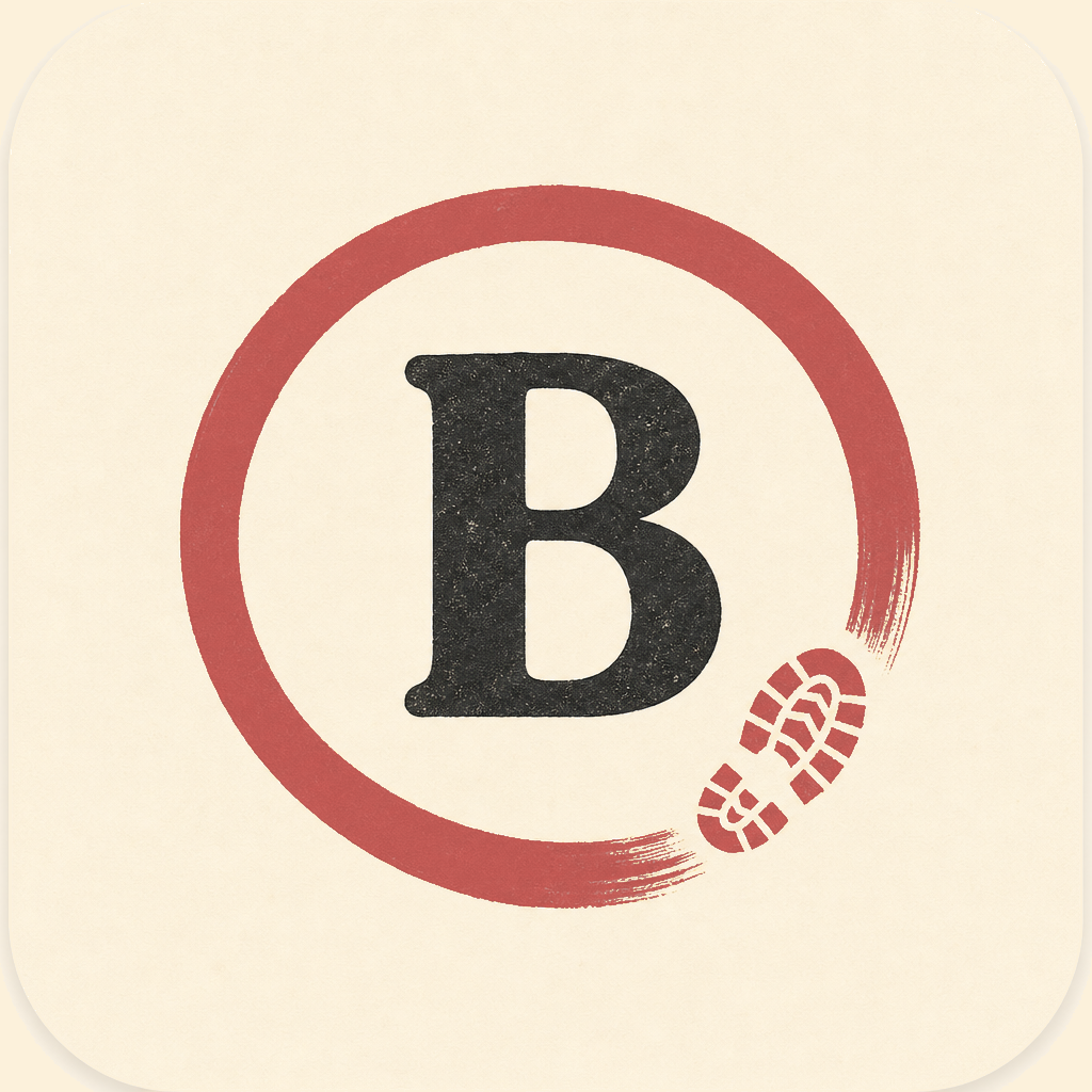 The Bubbies app icon — a stylized letter B inside a hand-drawn red ring with a small footprint trailing it, on a warm paper background.