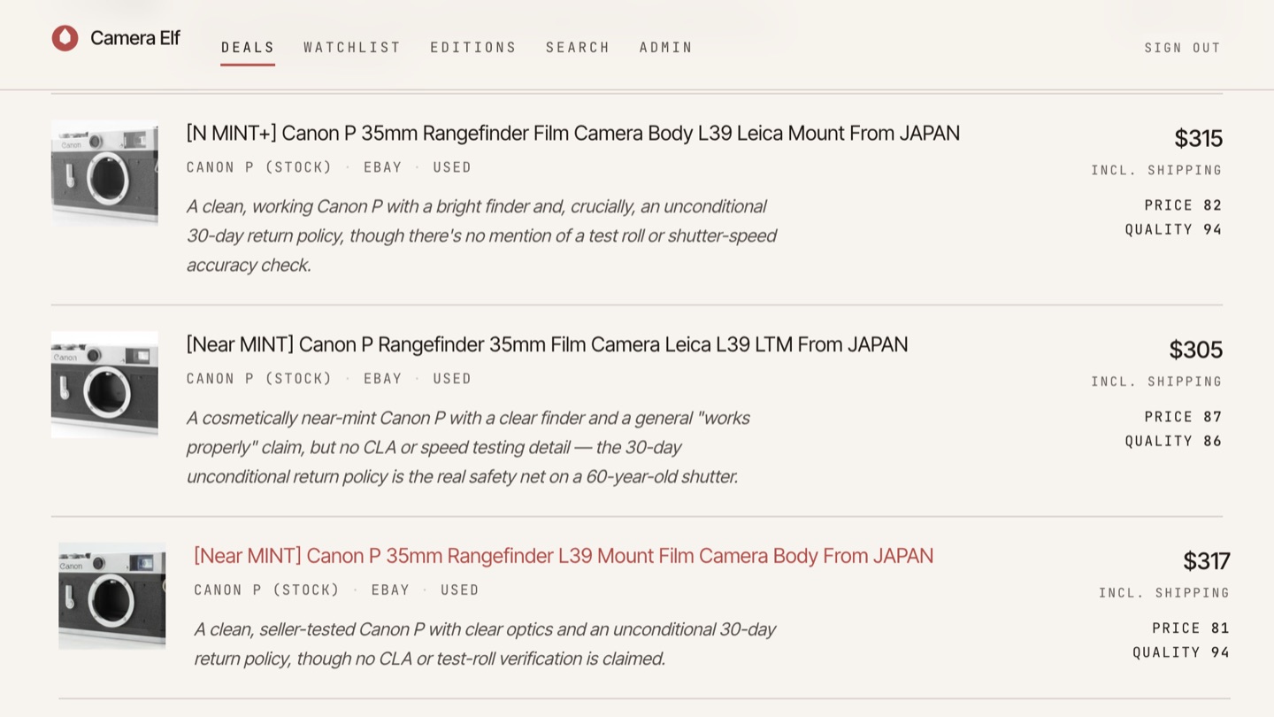 A screenshot of the Camera Elf deal list — three Canon P rangefinder listings on warm paper, each with a small photograph, the seller’s title, a price from $305 to $317 including shipping, and monospaced price and quality scores beside a one-line summary of what the seller claims about the camera’s condition.